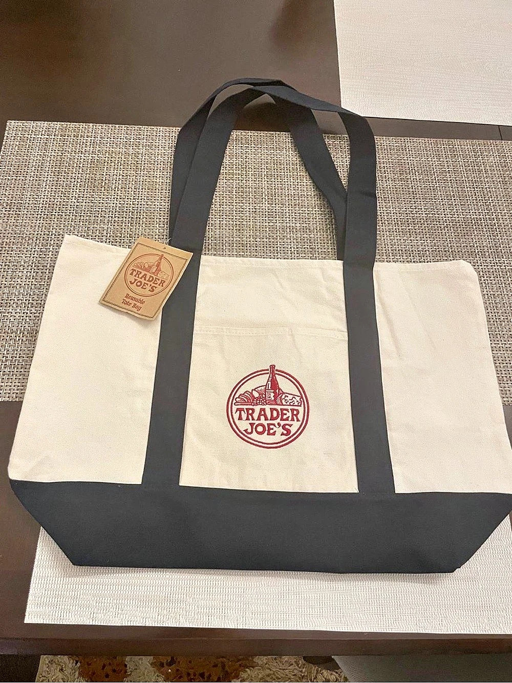 Trader Joe's Reusable Canvas Tote Bag Dark Blue & Cream